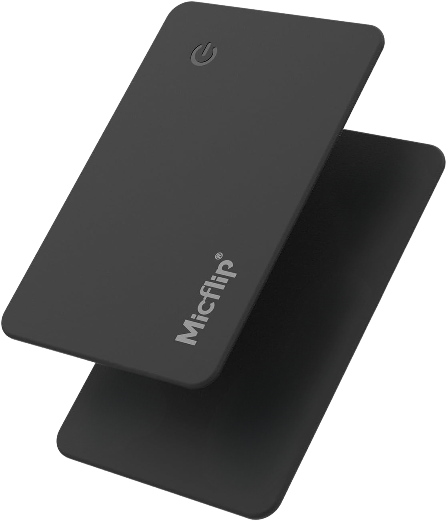 Slim black card tracker shown from front and back, featuring a minimalist design for wallets