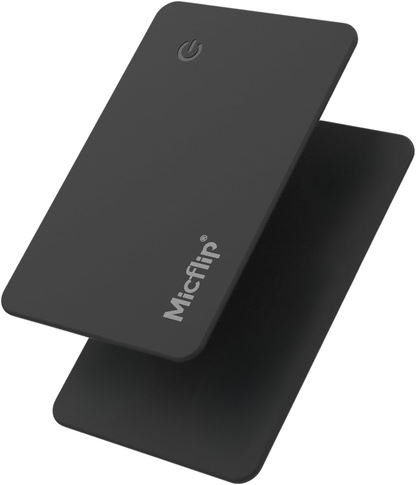 Slim black card tracker shown from front and back, featuring a minimalist design for wallets