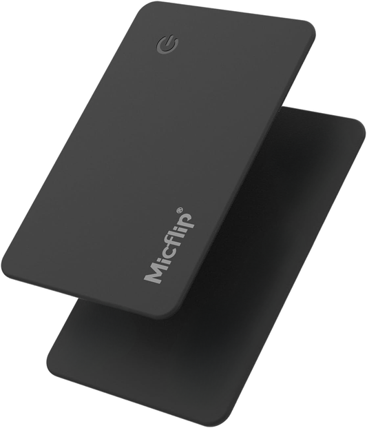 Slim black card tracker shown from front and back, featuring a minimalist design for wallets