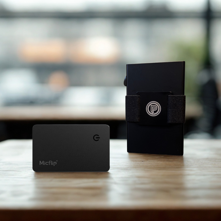 PoofTech Essential Carry Bundle with Slim RFID Wallet and Micflip Air Card on wooden surface