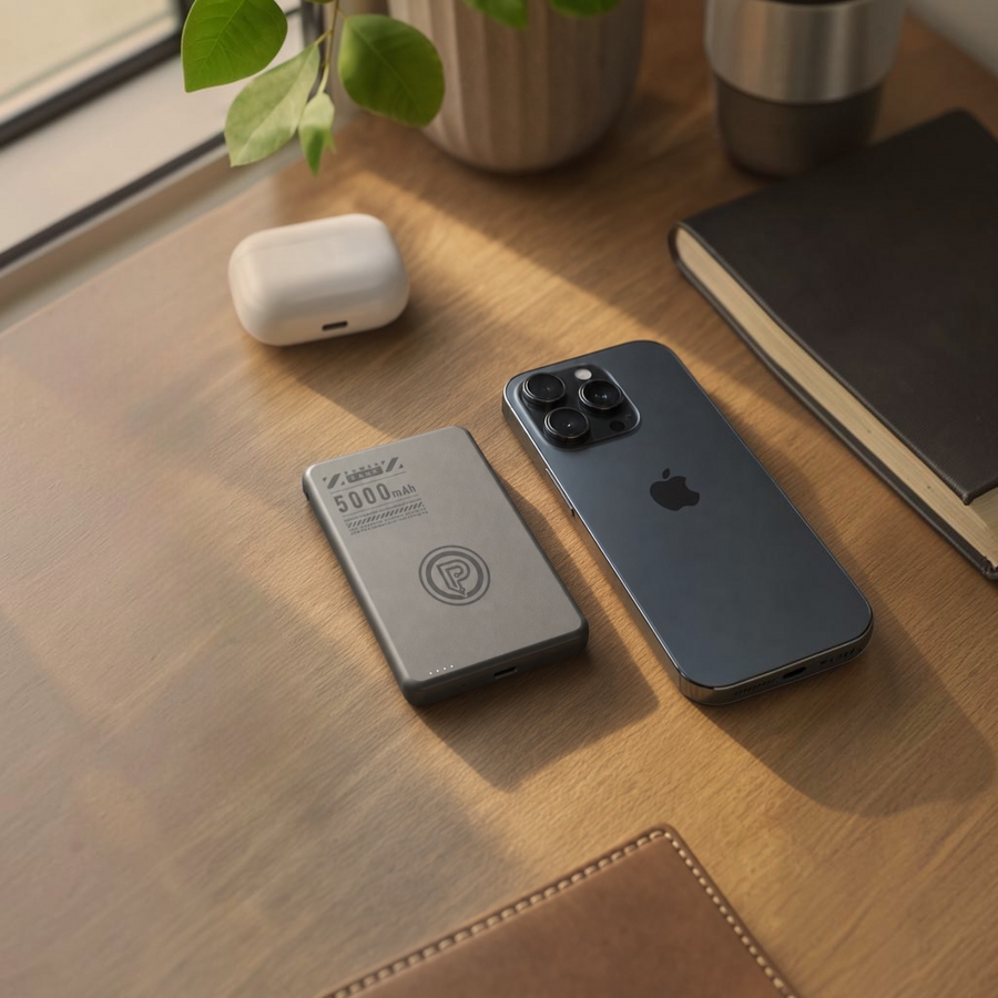 PoofTech Magnetic Fast Charging Power Bank in gold desktop view