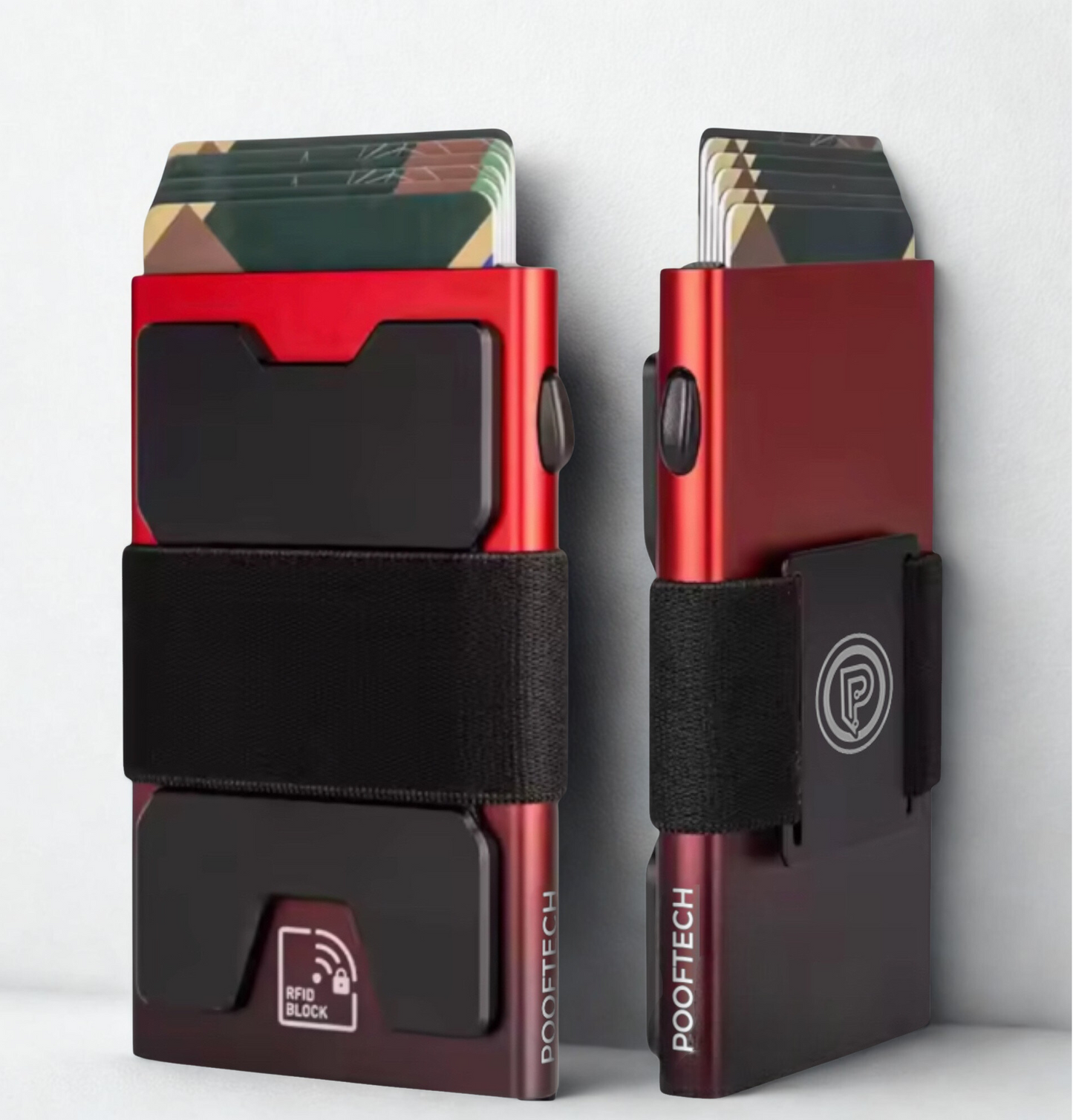 PoofTech Slim RFID Wallet front and back view showing card fanout in Ember