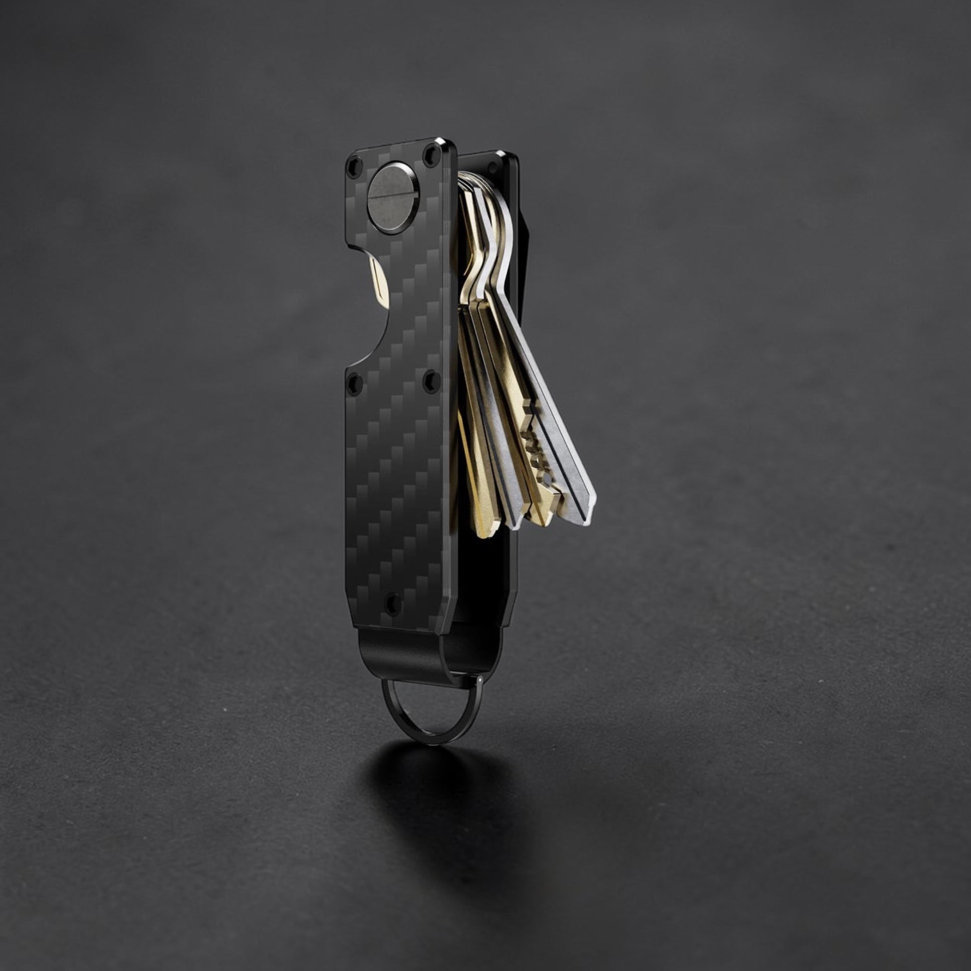 PoofTech Smart Key Organizer with keys in carbon fiber black